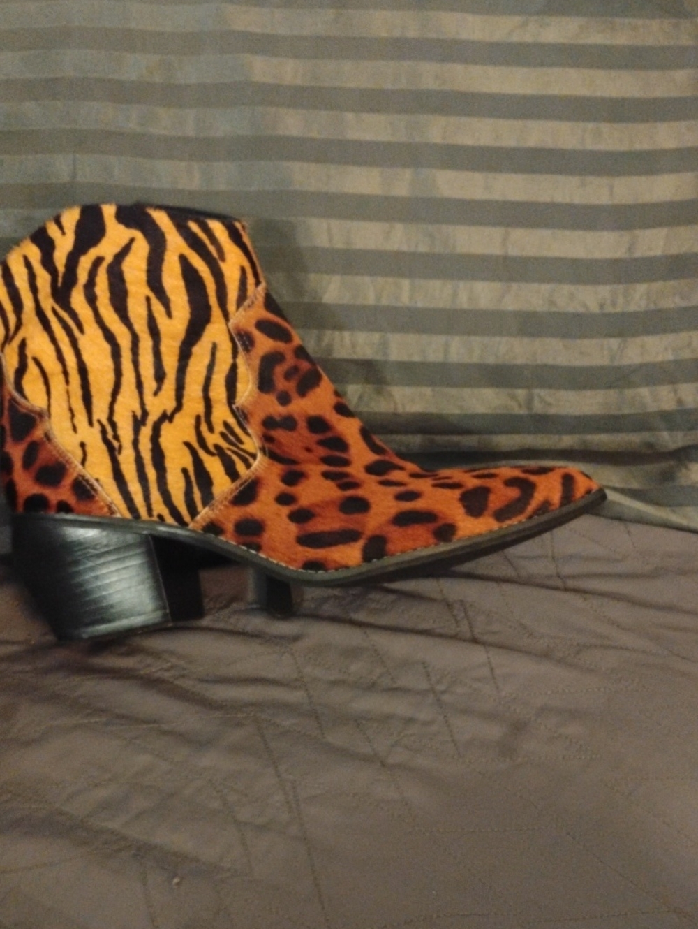 Vicenza Women’s Animal Print Horse Hair. Ankle Boot in Tan, Brown and Black